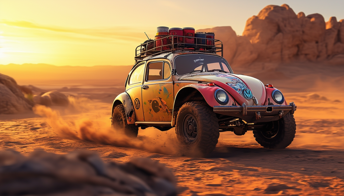 vivez une aventure inoubliable avec cette volkswagen new beetle m&Atilde;&copy;tamorphos&Atilde;&copy;e en baja bug, parfaite pour un dakar miniature. d&Atilde;&copy;couvrez le m&Atilde;&copy;lange unique de style et de performance qui vous fera vibrer sur les terrains les plus difficiles.