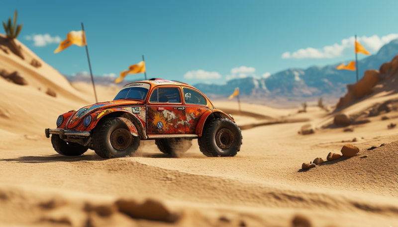 découvrez l'excitation d'un dakar miniature avec cette volkswagen new beetle métamorphosée en baja bug. prêt pour l'aventure, ce véhicule unique allie style iconique et performance tout-terrain, vous promettant des sensations fortes à chaque virage.